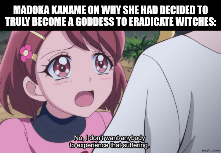 Madoka Kaname on why she had decided to truly become a goddess to eradicate witches: | image tagged in memes,magical,girl,puella magi madoka magica | made w/ Imgflip meme maker