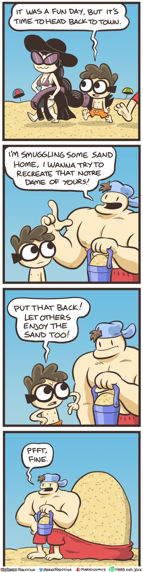 image tagged in nerd,olga,jock,beach,sand,stealing | made w/ Imgflip meme maker