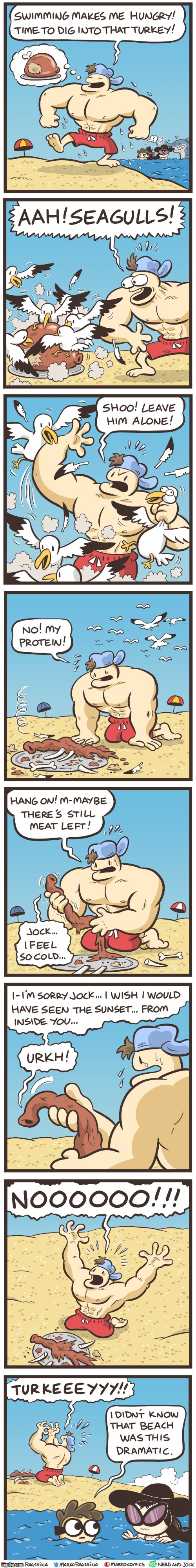 image tagged in beach,seagulls,jock,turkey,death,noooooooooooooooooooooooo | made w/ Imgflip meme maker