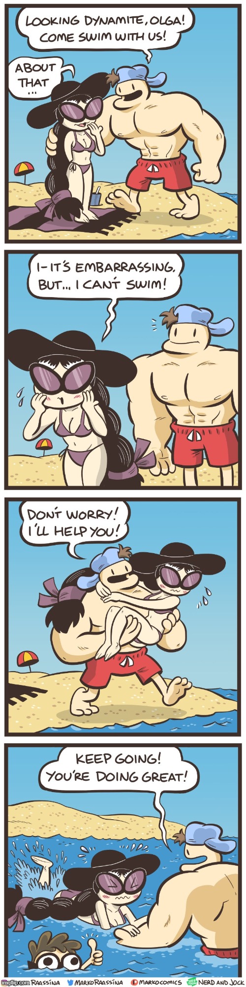 image tagged in nerd,jock,olga,beach,swim,swimming | made w/ Imgflip meme maker