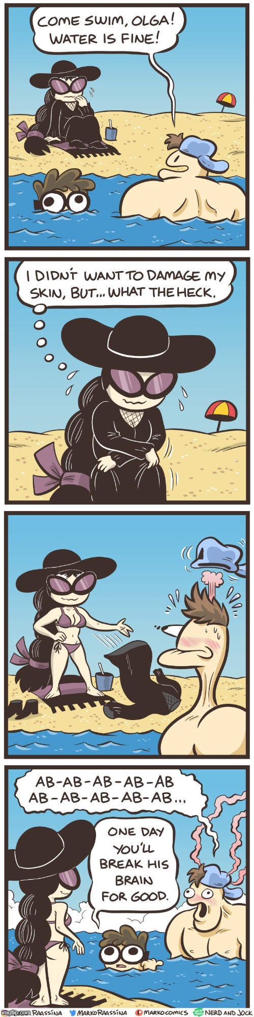 image tagged in nerd,jock,beach,swimming,olga,bikini | made w/ Imgflip meme maker