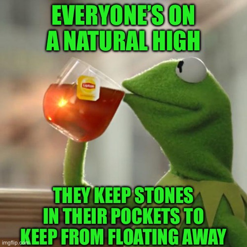 But That's None Of My Business Meme | Everyone’s on A NATURAL HIGH; They keep stones in their pockets to keep from floating away | image tagged in memes,but that's none of my business,kermit the frog | made w/ Imgflip meme maker