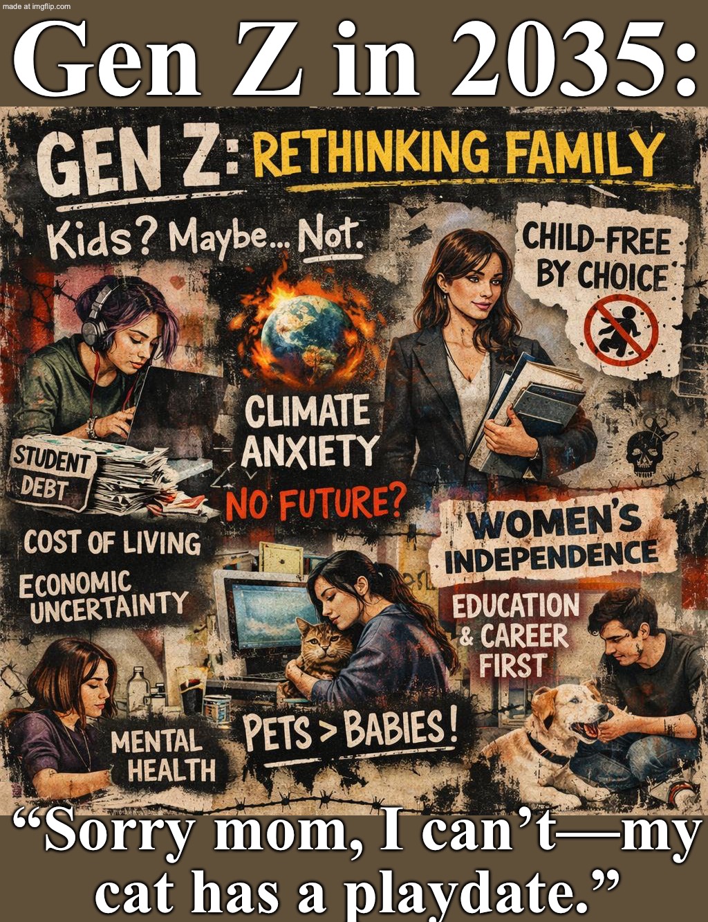 Gen Z: We’re not having kids; Also Gen Z: *adopts 3 cats and calls them our children* | Gen Z in 2035:; “Sorry mom, I can’t—my cat has a playdate.” | image tagged in gen z,remix,gen z humor,gen alpha,marriage,cats | made w/ Imgflip meme maker