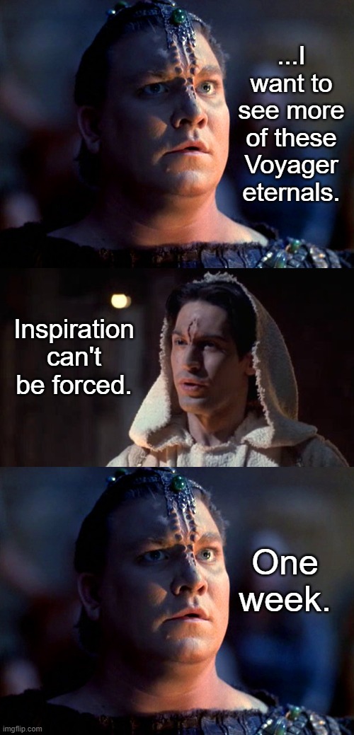 Here's a Voyager Fan | ...I want to see more of these Voyager eternals. Inspiration can't be forced. One week. | image tagged in star trek voyager | made w/ Imgflip meme maker