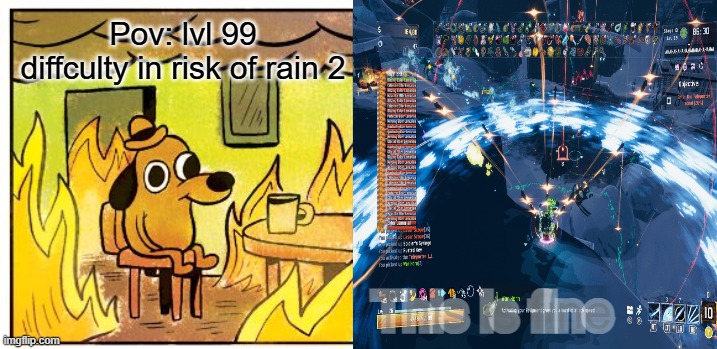 This Is Fine Meme | Pov: lvl 99 diffculty in risk of rain 2; This is fine | image tagged in memes,this is fine | made w/ Imgflip meme maker