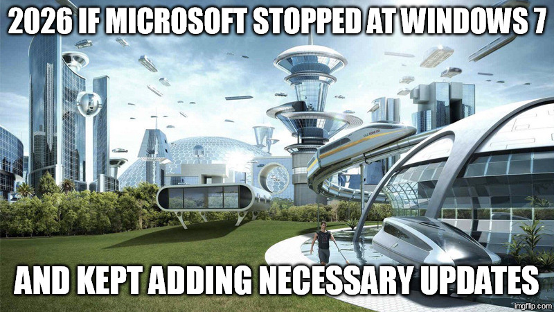 The future world if | 2026 if microsoft stopped at windows 7; and kept adding necessary updates | image tagged in the future world if | made w/ Imgflip meme maker