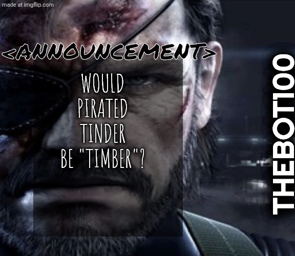 Solid Snake Staring | Would pirated tinder be "timber"? <Announcement>; Thebot100 | image tagged in solid snake staring,remix | made w/ Imgflip meme maker