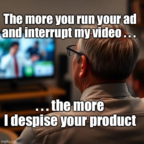 Nuisance Advertising | The more you run your ad and interrupt my video . . . . . . the more I despise your product | image tagged in img_9523 jpeg,advertising,annoying | made w/ Imgflip meme maker