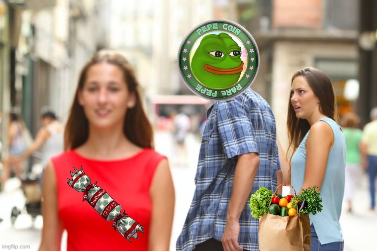 PepeCoin and Crackers FTW | image tagged in memes,distracted boyfriend,pepe | made w/ Imgflip meme maker