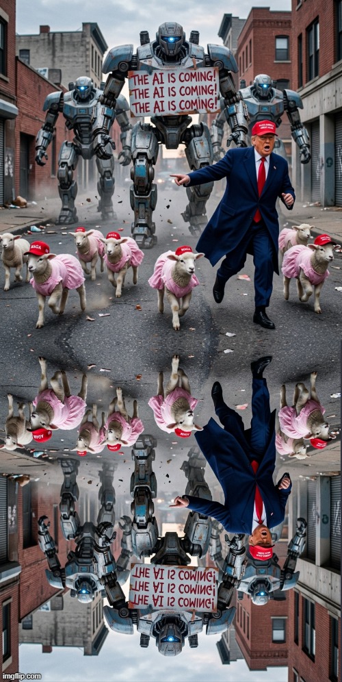 THE AI IS COMING!  THE AI IS COMING!  THE AI IS COMING! | image tagged in donald trump,ai meme,ai art,ai slop,jeffrey epstein,make america great again | made w/ Imgflip meme maker
