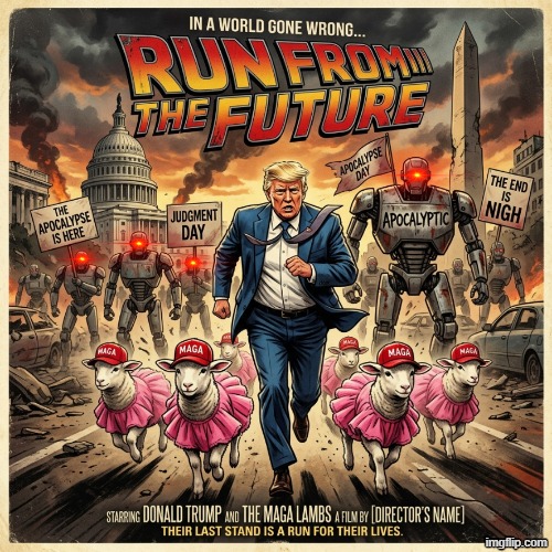 RUN FROM THE FUTURE | image tagged in donald trump,ai meme,ai art,ai slop,back to the future,make america great again | made w/ Imgflip meme maker