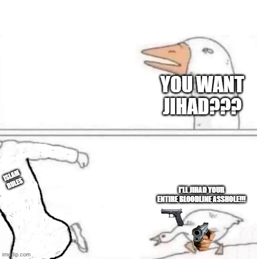 Let loose the freedom goose. | You want jihad??? Islam rules; I'll jihad your entire bloodline asshole!!! | image tagged in goose chase | made w/ Imgflip meme maker