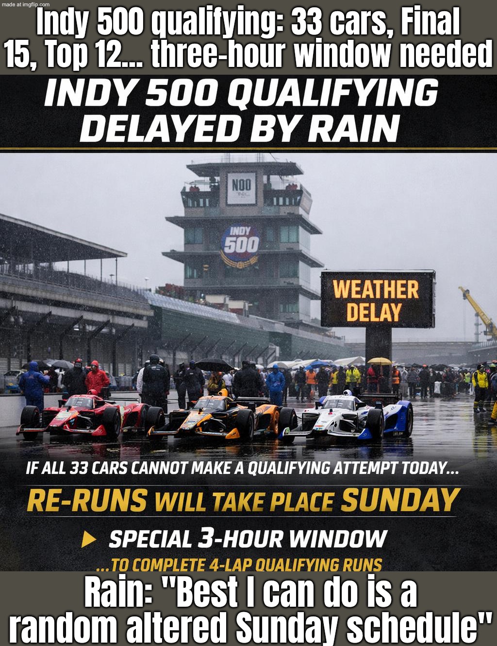 Indy 500 qualifying: 33 cars, Final 15, Top 12... three-hour window needed | Indy 500 qualifying: 33 cars, Final 15, Top 12... three-hour window needed; Rain: "Best I can do is a random altered Sunday schedule" | image tagged in indy,weather,sports,indycar series,motorsport,sports fans | made w/ Imgflip meme maker