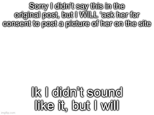 Just to justify | Sorry I didn’t say this in the original post, but I WILL ‘ask her for consent to post a picture of her on the site; Ik I didn’t sound like it, but I will | image tagged in memes,msmg | made w/ Imgflip meme maker