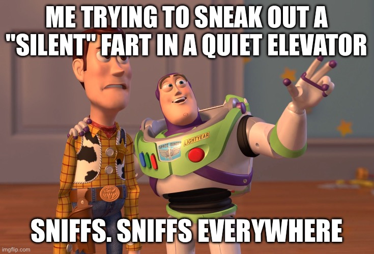 Fart | ME TRYING TO SNEAK OUT A "SILENT" FART IN A QUIET ELEVATOR; SNIFFS. SNIFFS EVERYWHERE | image tagged in memes,x x everywhere,fart | made w/ Imgflip meme maker