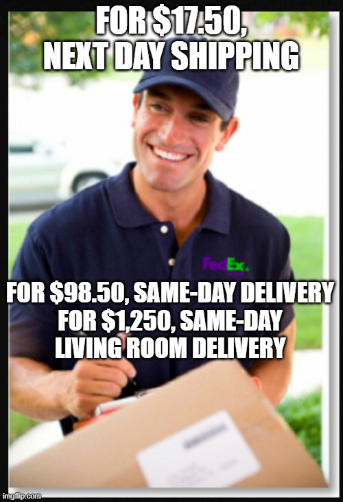 FedEx Guy II | for $17.50, next day shipping for $98.50, same-day delivery

for $1,250, same-day living room delivery | image tagged in fedex guy ii | made w/ Imgflip meme maker