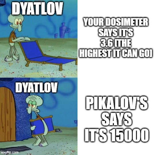 Squidward chair | dyatlov; your dosimeter says it's 3.6 [the highest it can go]; dyatlov; pikalov's says it's 15000 | image tagged in squidward chair,chernobyl | made w/ Imgflip meme maker