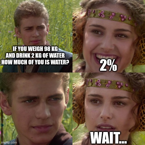 Anakin Padme 4 Panel | if you weigh 98 kg and drink 2 kg of water how much of you Is water? 2%; wait... | image tagged in anakin padme 4 panel,remix | made w/ Imgflip meme maker