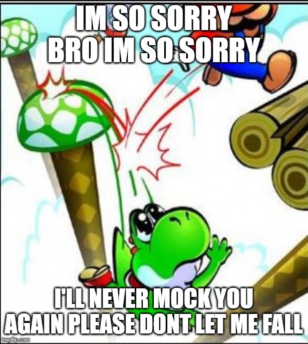 I'm so sorry | im so sorry bro im so sorry; i'll never mock you again please dont let me fall | image tagged in betray yoshi | made w/ Imgflip meme maker
