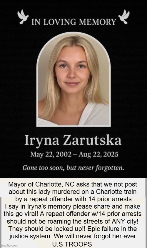 The liberal judges who kept releasing the deviant offender have blood on their hands as well. | Mayor of Charlotte, NC asks that we not post 
about this lady murdered on a Charlotte train 
by a repeat offender with 14 prior arrests

I say in Iryna’s memory please share and make 
this go viral! A repeat offender w/14 prior arrests 
should not be roaming the streets of ANY city! 
They should be locked up!! Epic failure in the 
justice system. We will never forgot her ever. U.S TROOPS | image tagged in sad but true,weakness,evil,radical,liberals,consequences | made w/ Imgflip meme maker