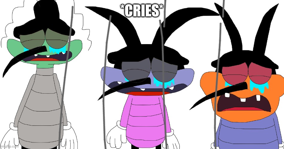 SCENE 16(LAZY TO DRAW THEM) | *cries* | image tagged in joey dee dee and marky crying,oggy and the cockroaches,drawing,fanmade | made w/ Imgflip meme maker