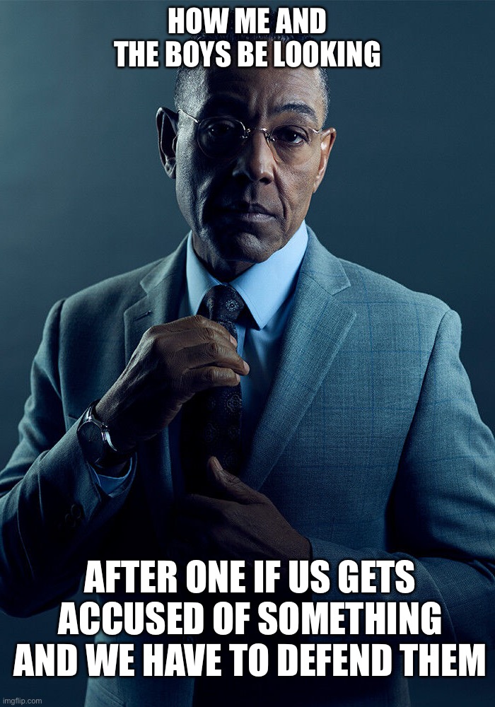 Gus Fring we are not the same | how me and the boys be looking; after one if us gets accused of something and we have to defend them | image tagged in gus fring we are not the same | made w/ Imgflip meme maker