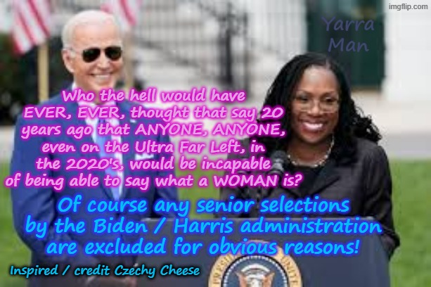 Who the HELL, even 20  years ago, would have anyone, other than a HALF WIT, would be unable to describe what a woman is? | Yarra Man; Who the hell would have EVER, EVER, thought that say 20 years ago that ANYONE, ANYONE, even on the Ultra Far Left, in the 2020's, would be incapable of being able to say what a WOMAN is? Of course any senior selections by the Biden / Harris administration are excluded for obvious reasons! Inspired / credit Czechy Cheese | image tagged in ultra far left democrats labor labour ndp,biden harris stalin starmer albanese,self gratification by proxy woke,uik eiu,ketanji | made w/ Imgflip meme maker