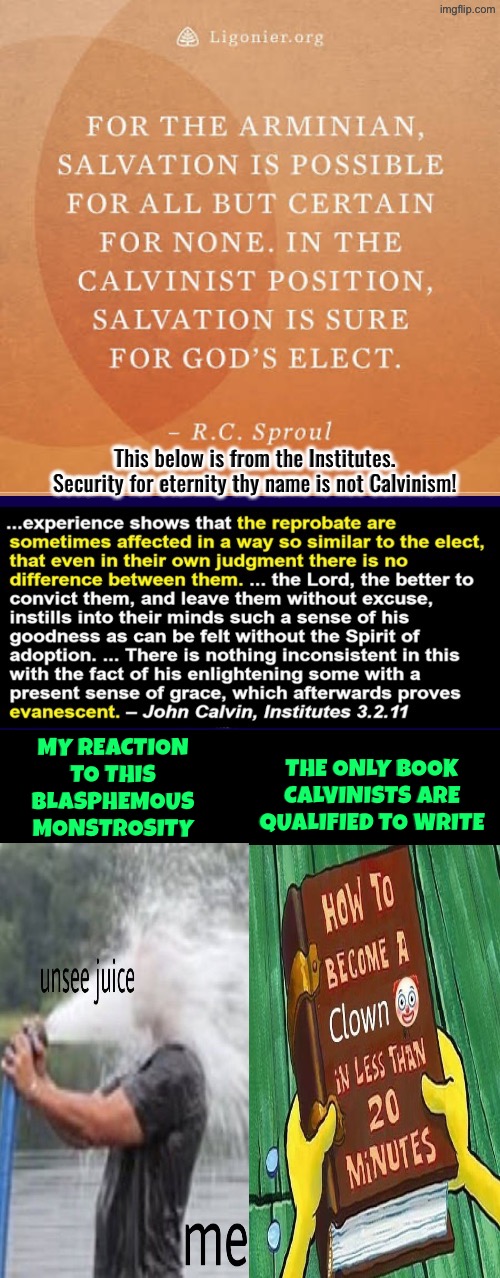 They should stop writing books | The only book Calvinists are qualified to write; My reaction to this blasphemous monstrosity | image tagged in calvinism,calvinist memes,clowns,reformed theology,evanescent grace blasphemy times infinity,r c sproul | made w/ Imgflip meme maker