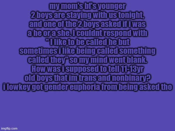 my mom's bf's younger 2 boys are staying with us tonight, and one of the 2 boys asked if i was a he or a she. I couldnt respond with " I like to be called he but sometimes i like being called something called they" so my mind went blank. How was i supposed to tell 11-13yr old boys that im trans and nonbinary? i lowkey got gender euphoria from being asked tho | made w/ Imgflip meme maker