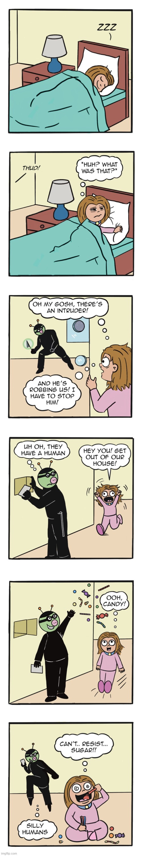 To be continued! | image tagged in human,sally,alien,burglar,candy,fail | made w/ Imgflip meme maker