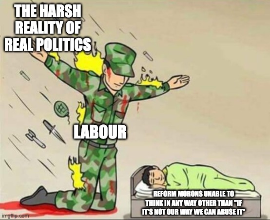 Soldier protecting sleeping child | The harsh reality of real politics; labour; reform morons unable to think in any way other than "If it's not our way we can abuse it" | image tagged in soldier protecting sleeping child,labour,reform,politics,british politics | made w/ Imgflip meme maker
