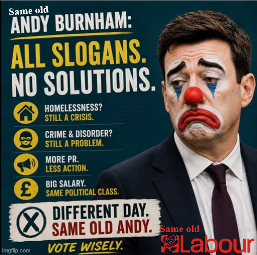 Burnham - Cap't U-Turn Mk2 ???Vote Reform | Same old; Under PM Andy Burnham ? Pledges Made; Pledges Broken; Can't trust Starmer !!! Remember ! Whatever the Problem - Labour are Never the Answer !!! illegal immigrants . . . WILL DESTROY THE UK FROM WITHIN !!! Illegal Migrant Arrivals Set To Top 200,000 under Labour; TRUMP TELLS STARMER; #Immigration #Starmerout #Labour #KeirStarmer #labourisdead #nevervotelabour #Antisemitism #Savile #Paedo #Worboys #GroomingGangs #Paedophile #IllegalImmigration #Immigrants #Invasion #StarmerResign #strikes Starmerout Labour Starmer Mandelson Rayner KeirStarmer labourisdead Illegal Immigration Immigrants Invasion StarmerResign Island of strangers Slit Throat Ricky Jones Lucy Connolly Two-Tier Justice Ricky Jones; Cap't U-Turn; Pledges Made; Pledges Broken; Just can't trust a single word that comes out of his mouth !!! #LabourChaos #LabourShambles; Same old; Same old | image tagged in burnham labour,reform farage,makersfield by election,starmer,labourchaos labourshambles | made w/ Imgflip meme maker