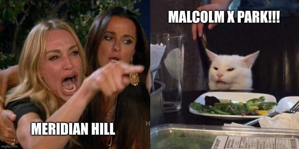 Malcolm X Park | Malcolm X Park!!! Meridian Hill | image tagged in woman yelling at cat | made w/ Imgflip meme maker