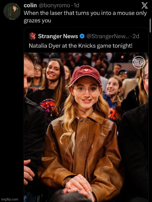 image tagged in natalia dyer,game,new york knicks,laser,mouse,graze | made w/ Imgflip meme maker