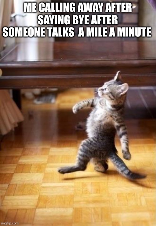 Cool Cat Stroll Meme | Me calling away after saying bye after someone talks  a mile a minute | image tagged in memes,cool cat stroll | made w/ Imgflip meme maker