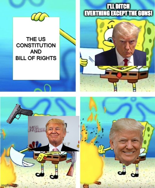 Spongebob Burning Paper | I'll ditch everthing except the guns! the us constitution and bill of rights | image tagged in spongebob burning paper,politics,constitution,bill of rights,trump | made w/ Imgflip meme maker