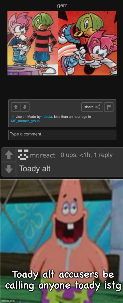 Toady alt accusers be calling anyone toady istg | image tagged in patrick star toothless | made w/ Imgflip meme maker