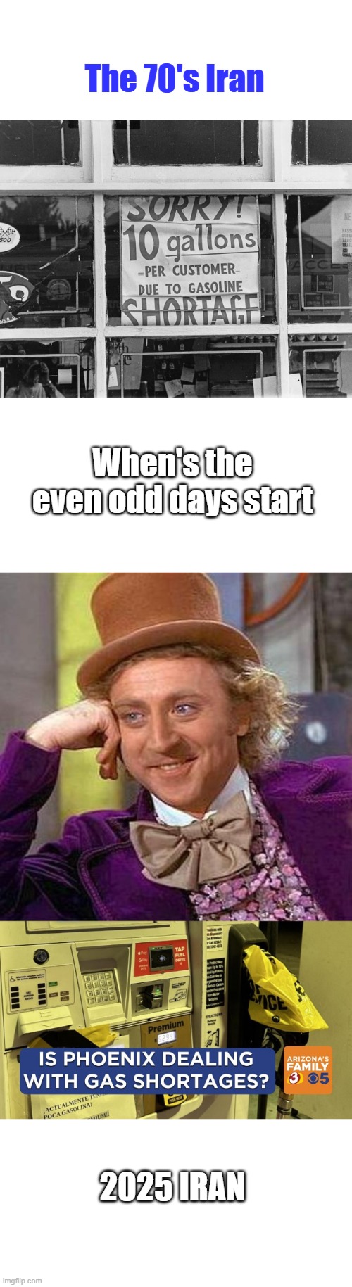 Trump is right about IRAN it can never be allowed a NUKE, they never change. It's all part of the BIG plan | The 70's Iran; When's the even odd days start; 2025 Iran | image tagged in memes,creepy condescending wonka | made w/ Imgflip meme maker
