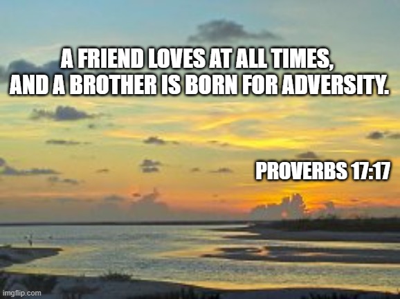 Friends | A friend loves at all times, 
And a brother is born for adversity. Proverbs 17:17 | image tagged in friends,together,brother,friendship,adversity | made w/ Imgflip meme maker