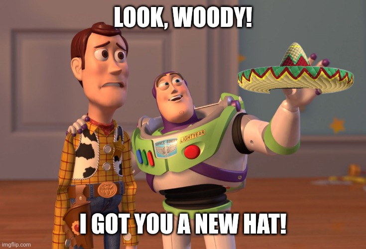 X, X Everywhere Meme | Look, Woody! I got you a new hat! | image tagged in memes,woody,buzz | made w/ Imgflip meme maker