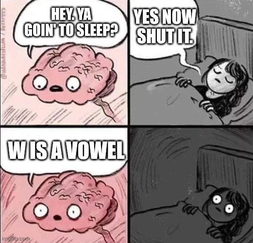 Yes it is a vowel | Yes now shut it. Hey. Ya goin' to sleep? W is a vowel | image tagged in wake up brain blank,long w | made w/ Imgflip meme maker