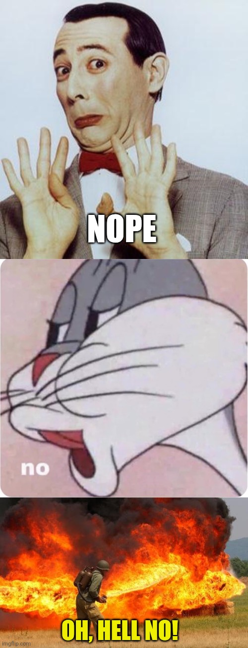 Nope Oh, hell no! | image tagged in nope,bugs bunny no,nope flamethrower | made w/ Imgflip meme maker