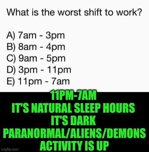 Funny | 11pm-7am 
It's natural sleep hours 
It's dark 
Paranormal/aliens/demons activity is up | image tagged in funny,work,schedule,timing,aliens,demons | made w/ Imgflip meme maker