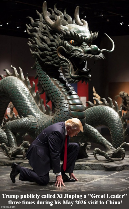 Donald Trump "Bends The Knee" to China! | Trump publicly called Xi Jinping a "Great Leader"
 three times during his May 2026 visit to China! | image tagged in donald trump,xi jinping,dear leader,china,bend the knee | made w/ Imgflip meme maker