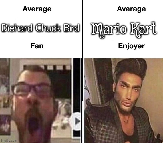 Repost if you are a diehard Chuck Bird fan, but ignore if you are a Mario Kart enjoyer. | Mario Kart; Diehard Chuck Bird | image tagged in average fan vs average enjoyer,angry birds,mario kart | made w/ Imgflip meme maker