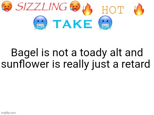 sizzling hot take | Bagel is not a toady alt and sunflower is really just a retard | image tagged in sizzling hot take | made w/ Imgflip meme maker