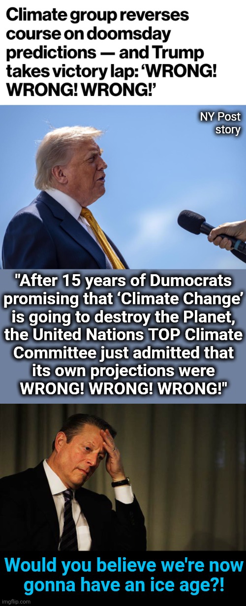 That's it!  Enrich the lib oligarchs and bankrupt the country to prevent a new ice age! | NY Post
story; "After 15 years of Dumocrats
promising that ‘Climate Change’
is going to destroy the Planet,
the United Nations TOP Climate
Committee just admitted that
its own projections were
WRONG! WRONG! WRONG!"; Would you believe we're now
gonna have an ice age?! | image tagged in al gore facepalm,climate change,democrats,memes,ipcc,scam | made w/ Imgflip meme maker