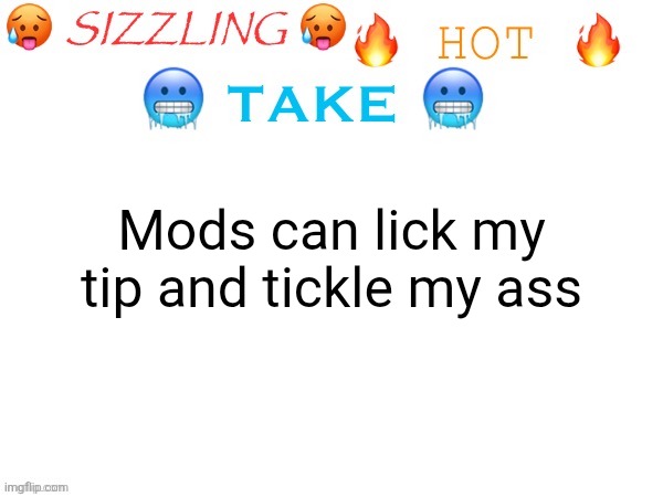 sizzling hot take | Mods can lick my tip and tickle my ass | image tagged in sizzling hot take | made w/ Imgflip meme maker