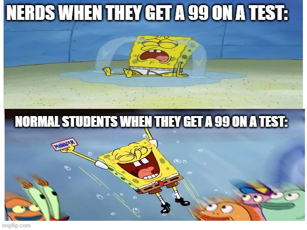 Bro, why you crying? A 99 isn't that bad | Nerds when they get a 99 on a test:; Normal students when they get a 99 on a test: | image tagged in spongebob,school | made w/ Imgflip meme maker