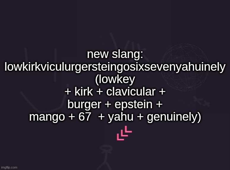vik's image | new slang:
lowkirkviculurgersteingosixsevenyahuinely
(lowkey + kirk + clavicular + burger + epstein + mango + 67  + yahu + genuinely) | image tagged in vik's image | made w/ Imgflip meme maker